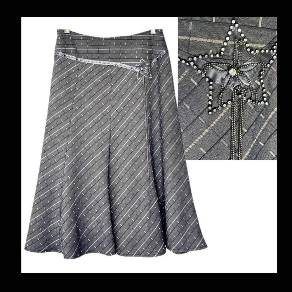 Gray-Brown Midi Skirt with Rhinestone and Chain Accents